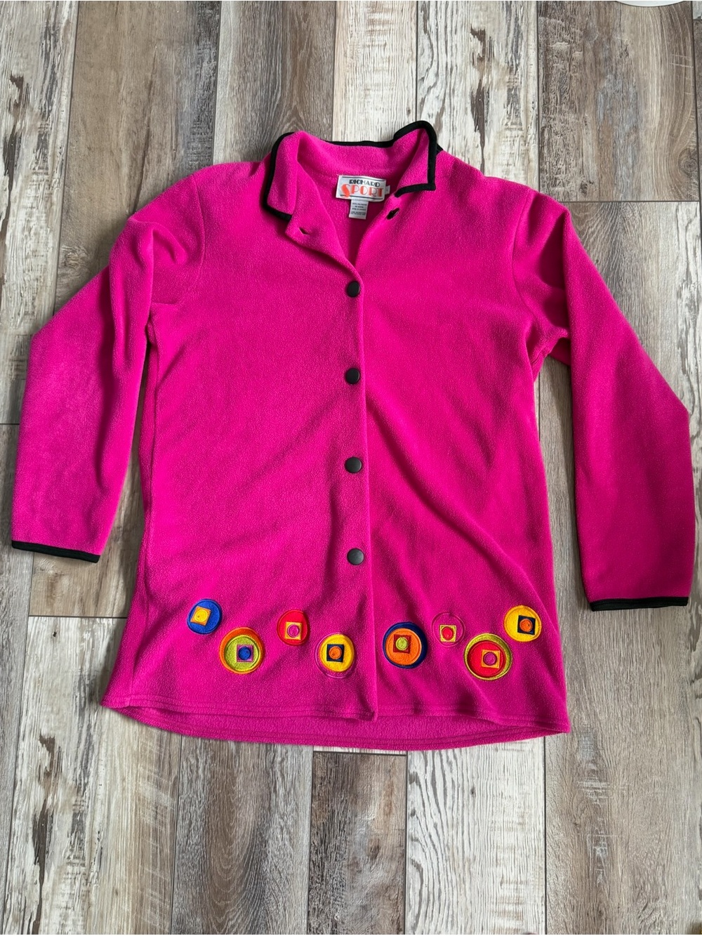 Bright Pink Women's Button-Front Fleece Cardigan with Geometric Embroidery